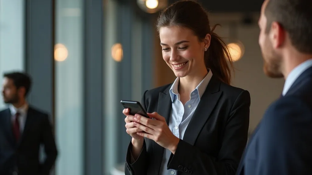 Utilisatrice souriante partageant sa vidéo de photobooth sur smartphone