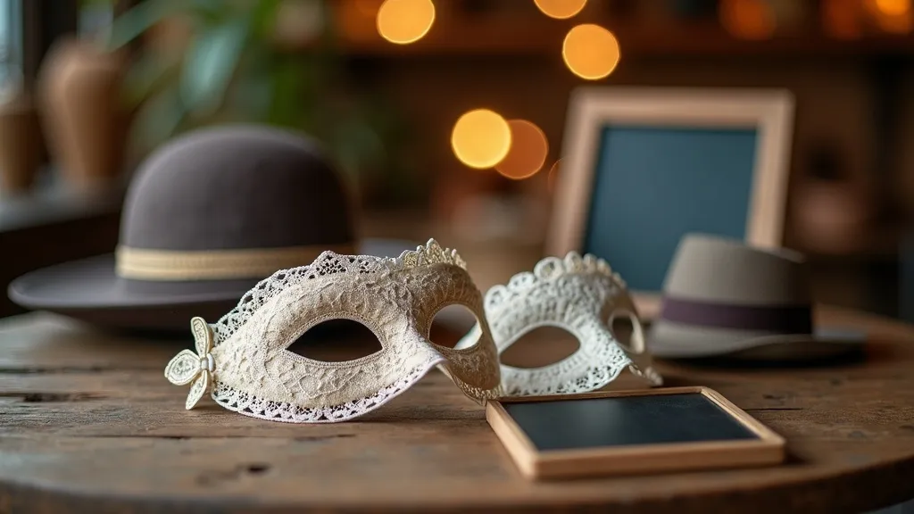 Accessoires de photobooth vintage : masques en dentelle et chapeaux rétro